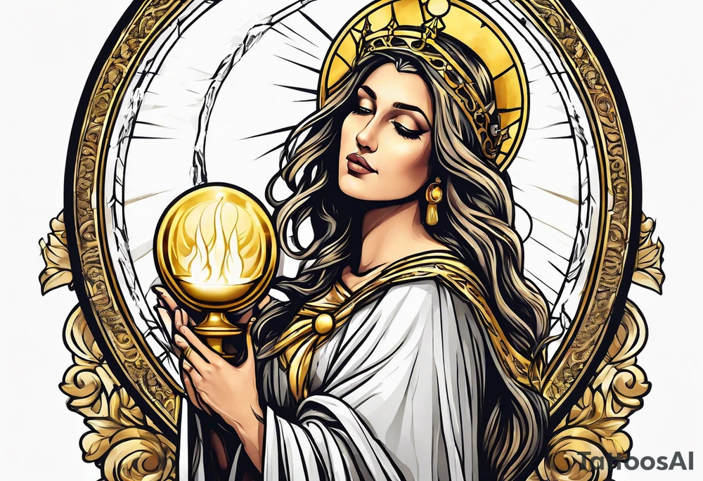 holy saint woman turned away with golden halo holding a chalice tattoo idea
