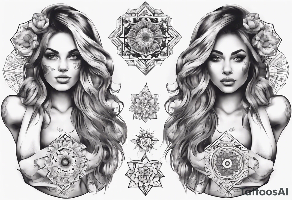tattoo on both arms going to the chest. mixing mandalas with beautiful girls on each arm a woman  mix of geometric objects tattoo idea