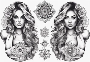 tattoo on both arms going to the chest. mixing mandalas with beautiful girls on each arm a woman  mix of geometric objects tattoo idea