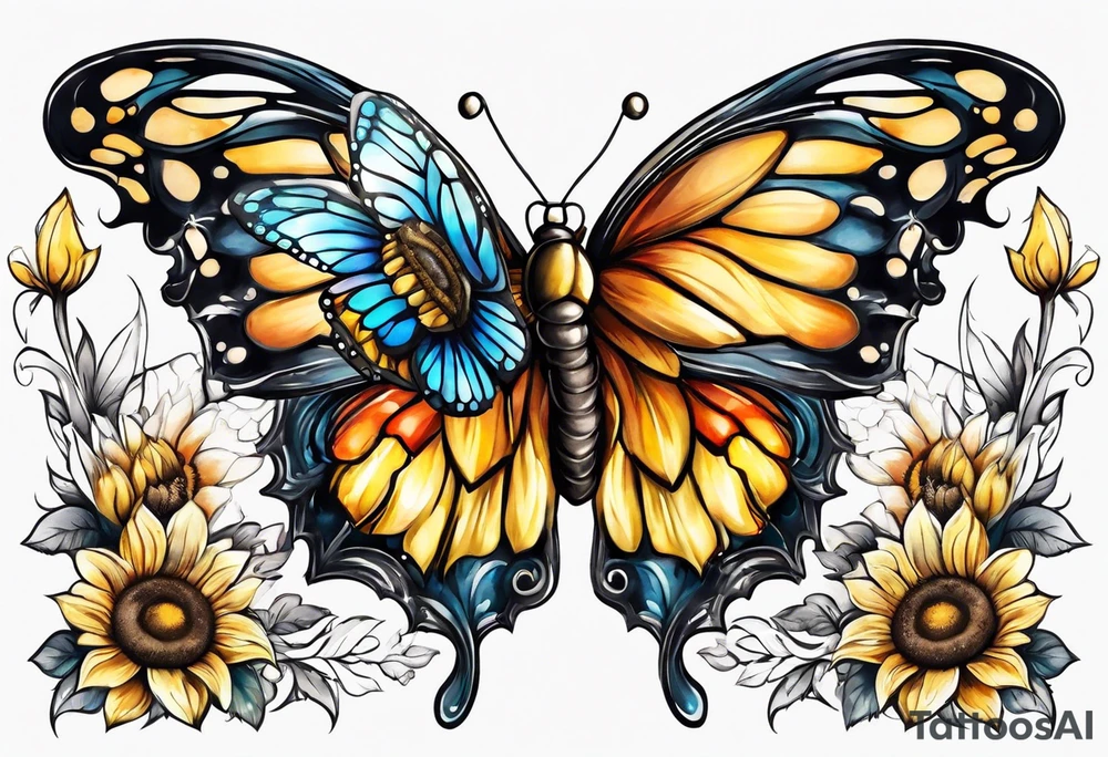 Sleeve with angel wings, sunflower and butterfly tattoo idea