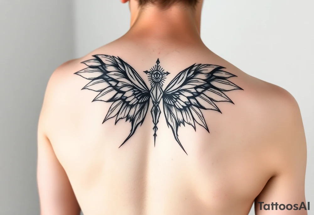 maximalist, cyber sigilism, organic touches, back tattoo, whimsical, witchy, hippie, fairy wing like, maximalistic, very very complex and big, detailed tattoo idea