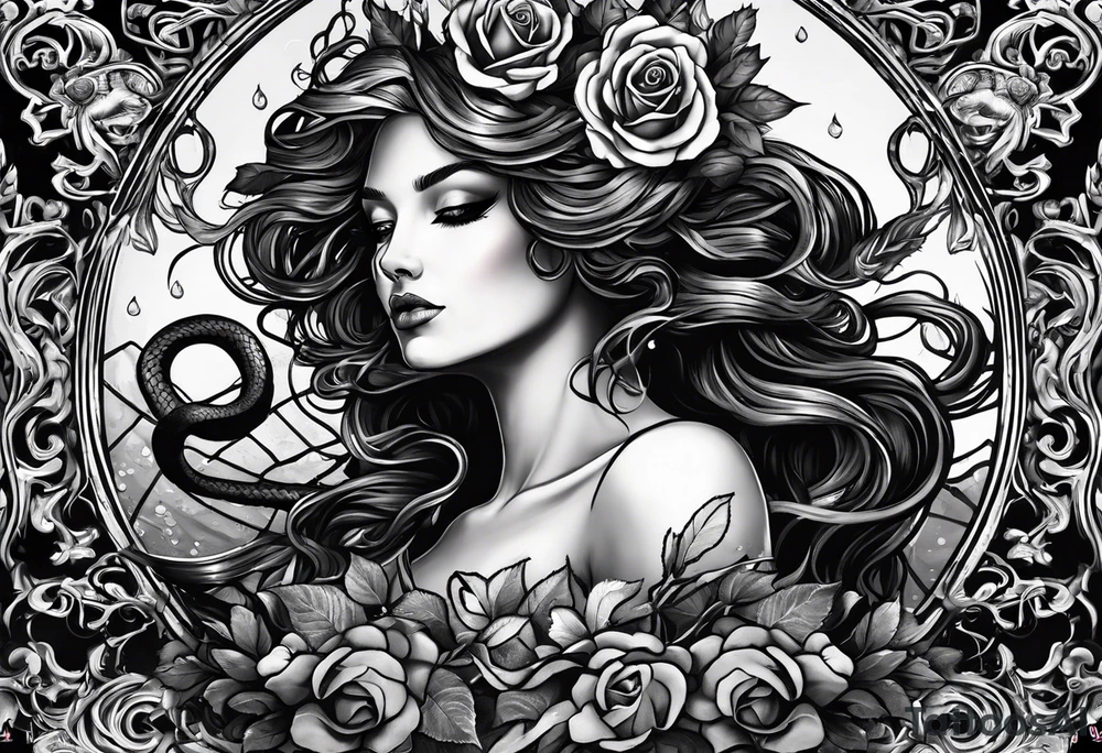 Medusa black roses, her story, just her head, rare, unique Mystic, mythical snakes, scales black shadow tattoo idea