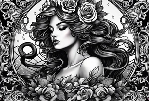 Medusa black roses, her story, just her head, rare, unique Mystic, mythical snakes, scales black shadow tattoo idea
