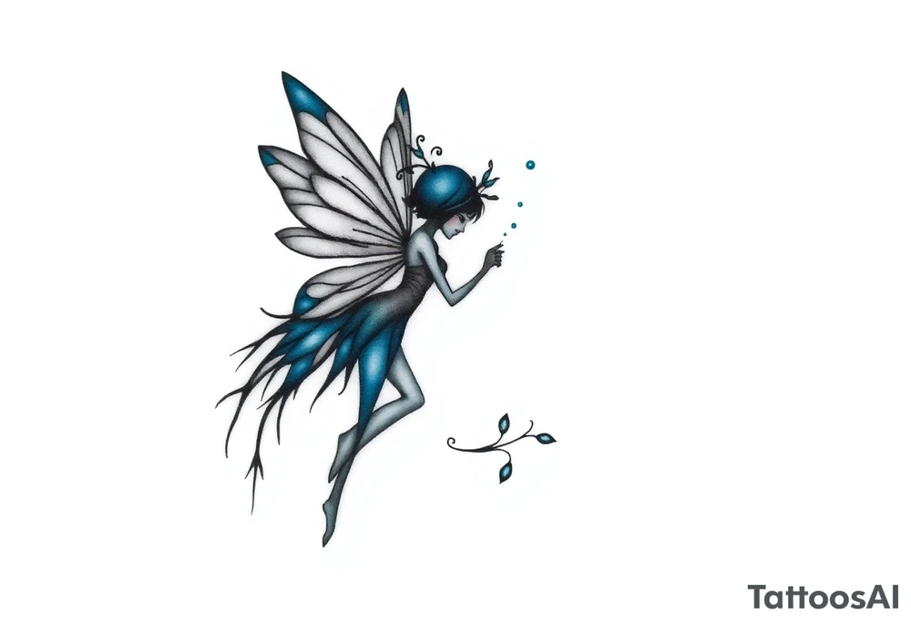 A minimalist fairy tattoo that represents a shattered and betrayed gemini woman who fought hard throughout this year. With colors blue and black. Make it unique and rare. Without leaves and stem. tattoo idea
