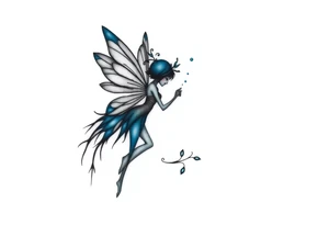 A minimalist fairy tattoo that represents a shattered and betrayed gemini woman who fought hard throughout this year. With colors blue and black. Make it unique and rare. Without leaves and stem. tattoo idea