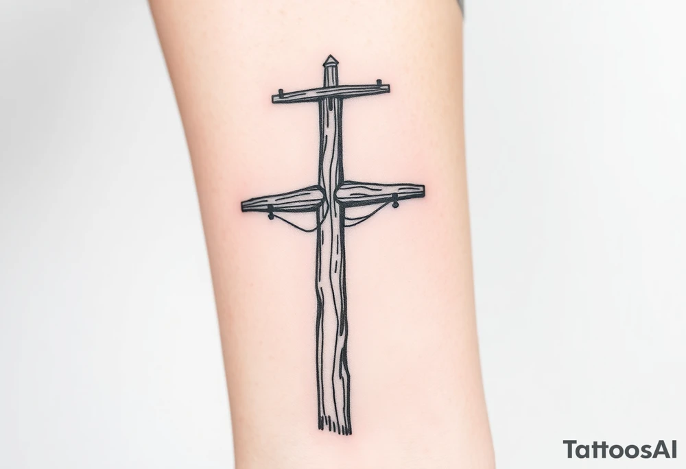 a wooden 12kv distribution pole with electrical lines. Make the pole a cross that has a hidden resemblance to god. tattoo idea