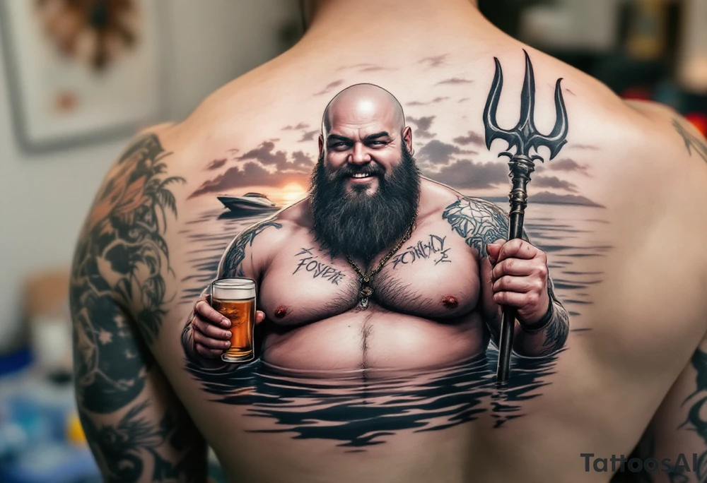 young, happy, fat, balding, poseidon in calm water, holding a trident, drinking a beer, with sunset, with ski boat tattoo idea