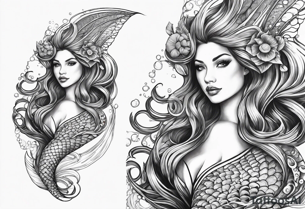 flowing mermaid tail with fan tip tentacles tattoo idea