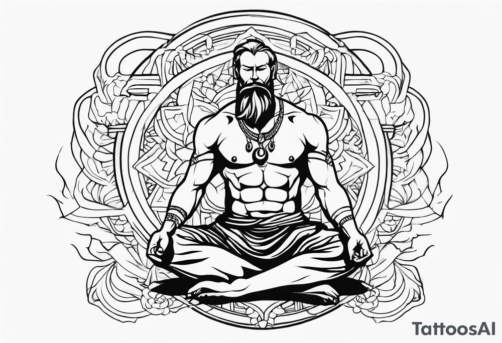 mindful savage man in ritual pose tattoo idea