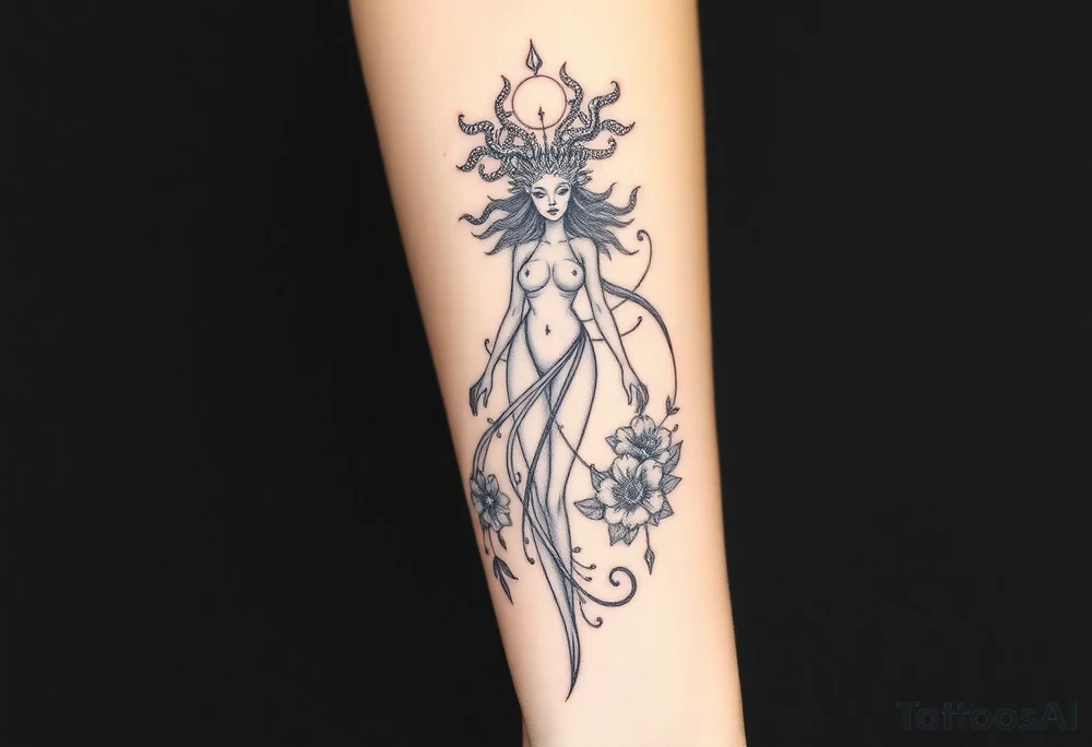 Ethereal Medusa standing. She is beautiful and feminine. She is a phoenix rising from fire and ash. Surrounded by flowers and skulls tattoo idea