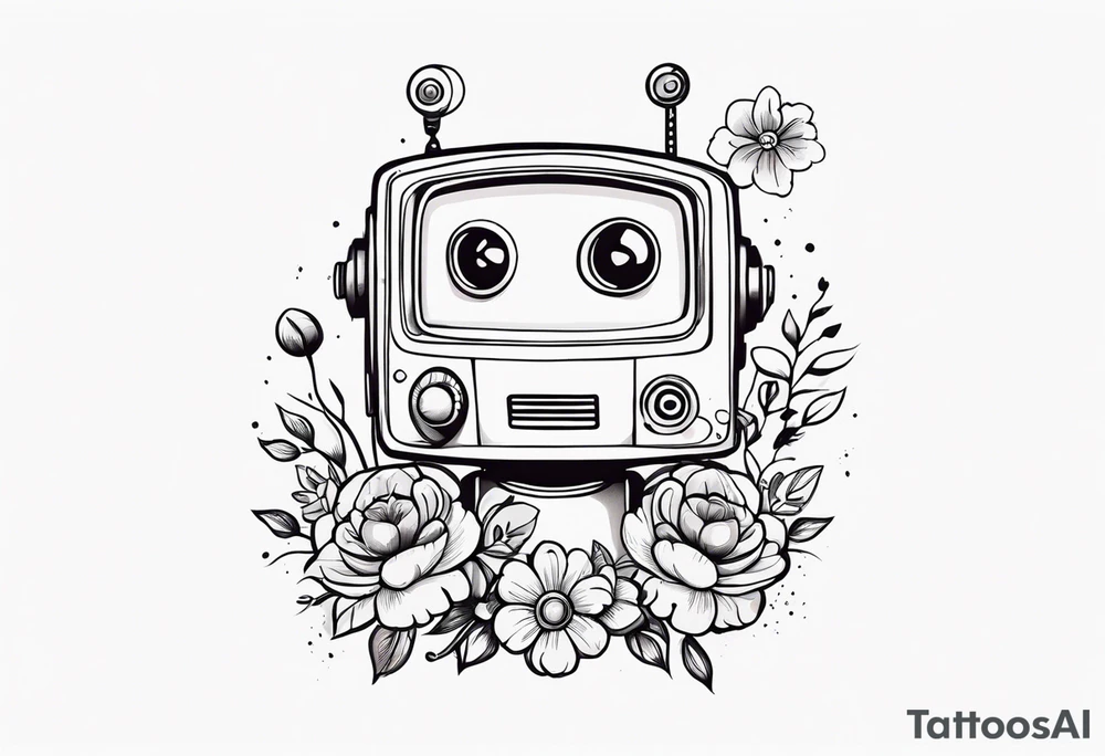 Abandoned Robot, television head, surrounded by flowers, forearm or wrist tattoo tattoo idea