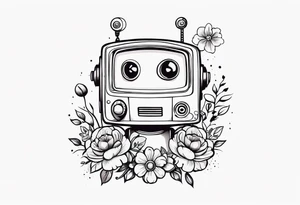 Abandoned Robot, television head, surrounded by flowers, forearm or wrist tattoo tattoo idea