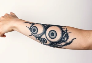 Half sleeve with eyeballs ripping out of the skin, inside of forearm is poorly stitched closed tattoo idea