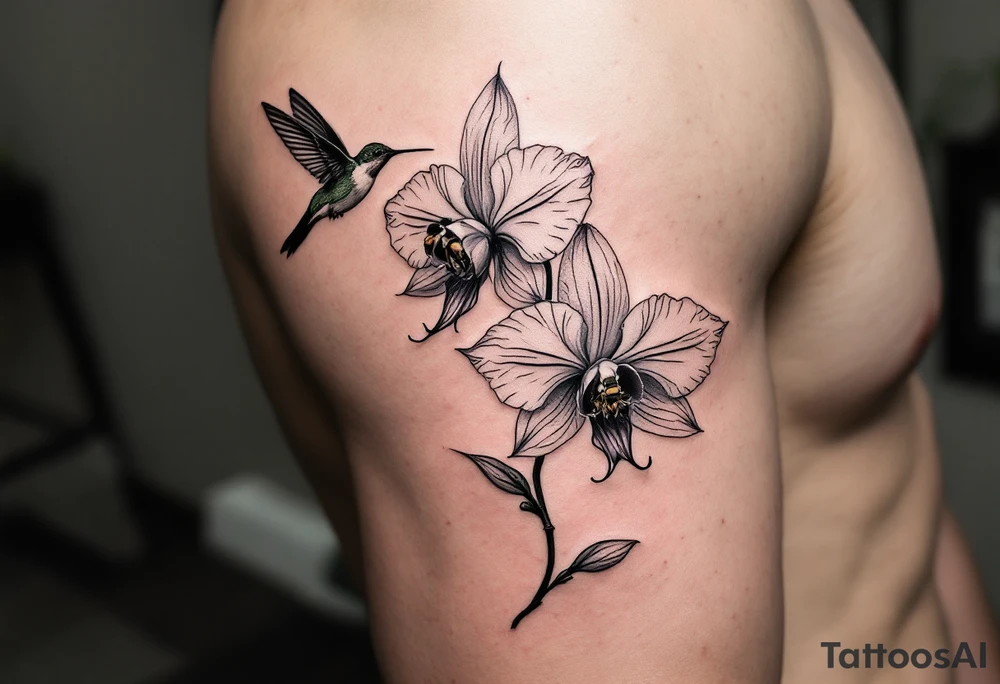 A delicate, black and white fine-line tattoo for male, featuring gracefully detailed 2 orchids in full bloom including their stems, with soft, intricate petals and elegant curves. Beside it, a hummingbird hovers mid-flight, its wings drawn with subtle motion lines, its slender beak reaching toward the orchid’s center to drink its nectar. on the other flower there is a bee that is resting tattoo idea