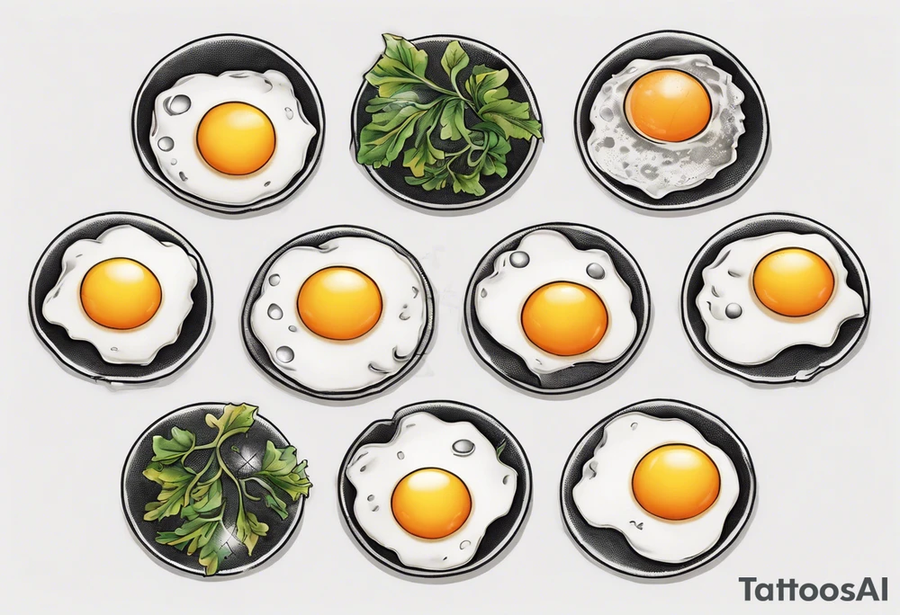 A round, thin 5 fried eggs with salt pepper and a bit greens tattoo idea