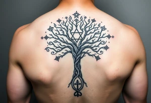 geometrical mystical tree of life with the star of David and cross cosmic roots and celestial symbols branches with HIV-positive symbol at bottom tattoo idea