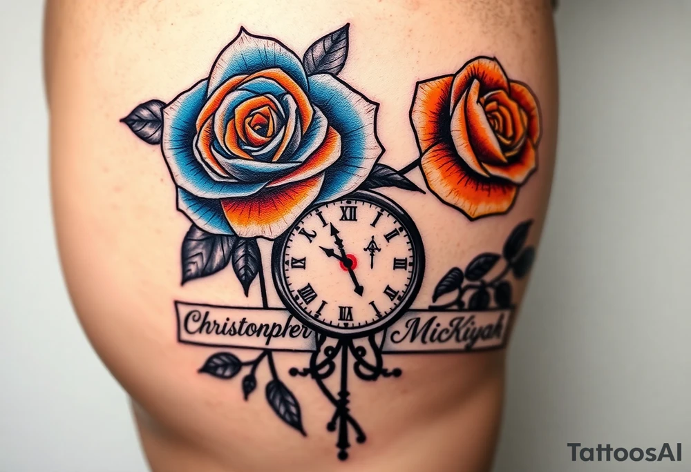 2 Blue and orange roses with a clock on the thigh with name plates saying Christopher Prince and McKiyah tattoo idea