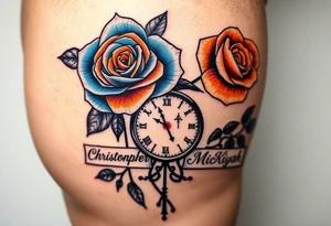 2 Blue and orange roses with a clock on the thigh with name plates saying Christopher Prince and McKiyah tattoo idea