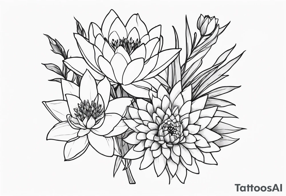 Larkspur and water lily bouquet with stems tattoo idea