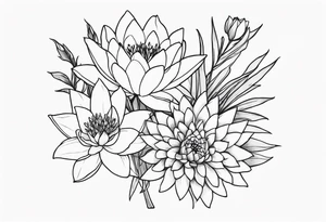 Larkspur and water lily bouquet with stems tattoo idea