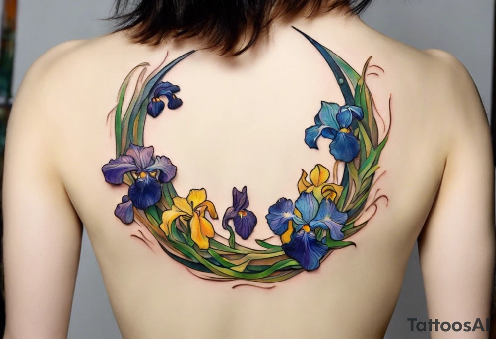 Create a small colorful Vincent van Gogh Irises tattoo in the form of a crescent, with vines gracefully intertwining at a central point in the middle of the wreath. The intended placement is on the upper chest. The overall design should be small in size while maintaining a delicate and artistic aesthetic. Pay attention to the graceful flow of the vines and the placement of the irises to achieve a refined and elegant look. tattoo idea