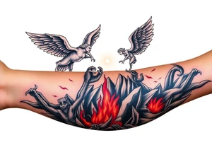 Heaven’s angels fighting hells demons. Angels flying and demons climbing up out of hell tattoo idea