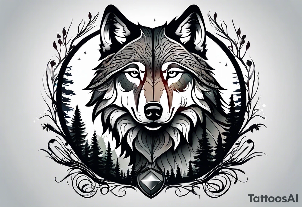 Forest with a wolf walking tattoo idea