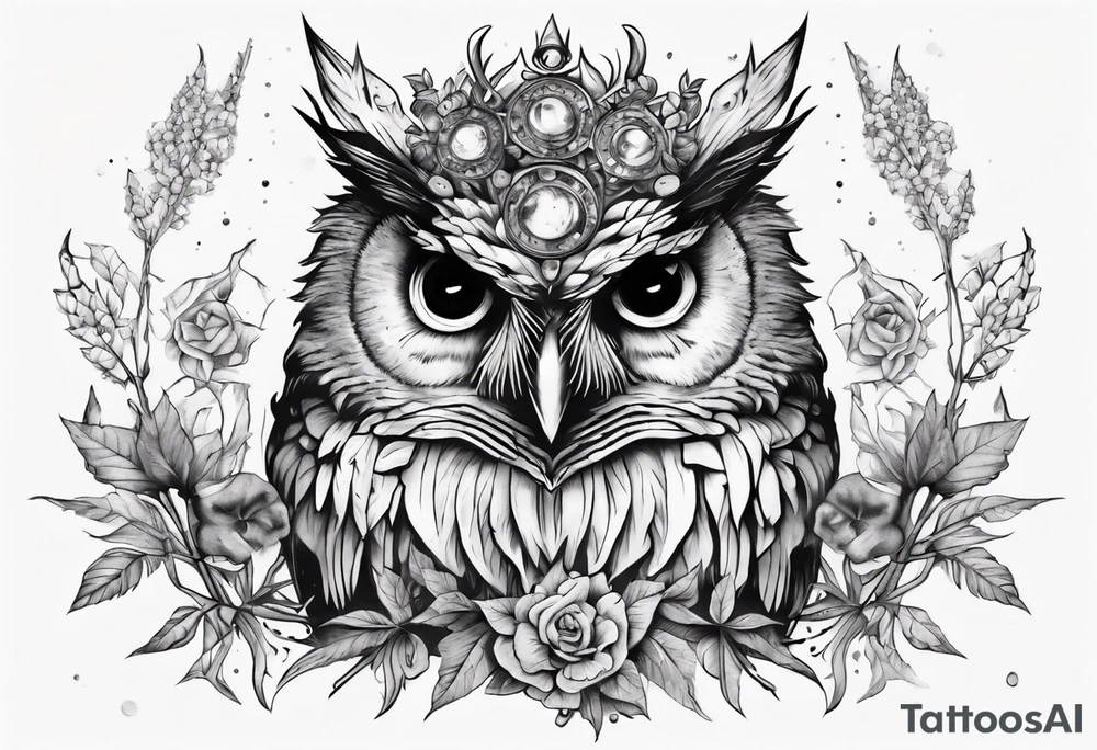 Demon crowned Owl surrounded by poisonous plants, crystals and astrology. tattoo idea