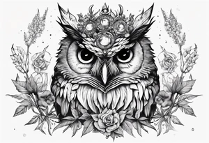 Demon crowned Owl surrounded by poisonous plants, crystals and astrology. tattoo idea