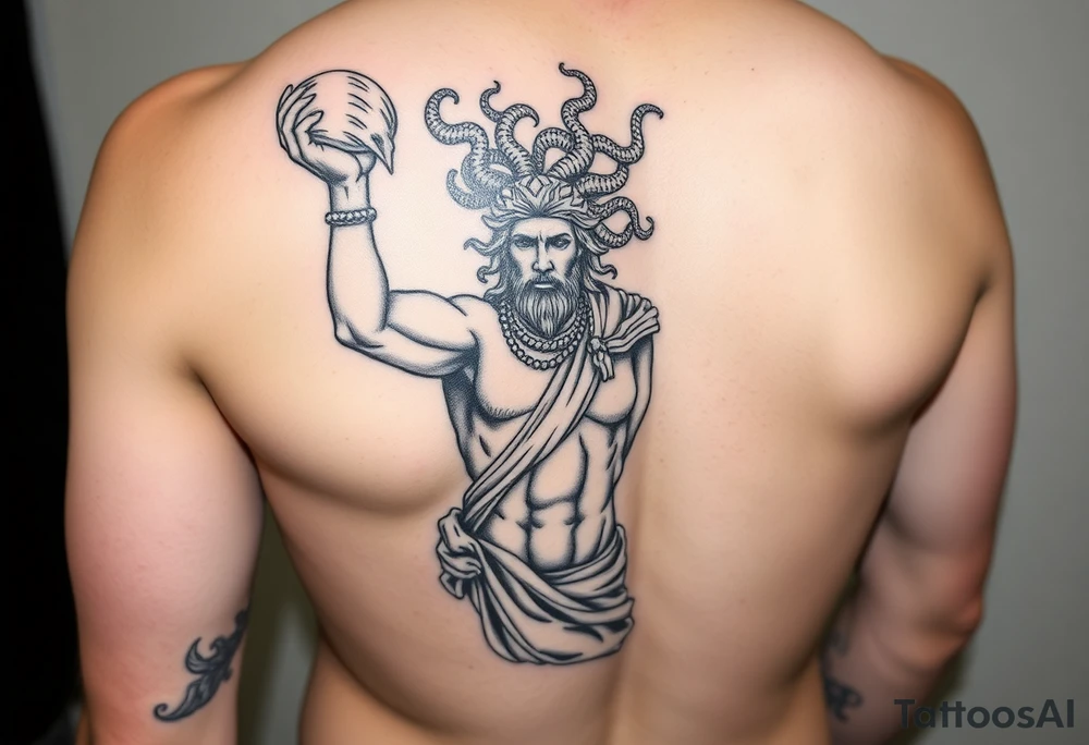 Perseus the Greek hero, holding Medusa’s severed head in victory, black and white and a part of a leg sleeve. Medusa the Greek monster with snakes as hair and Perseus should be in Greek armor. tattoo idea