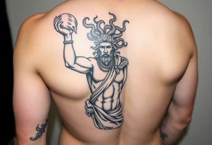 Perseus the Greek hero, holding Medusa’s severed head in victory, black and white and a part of a leg sleeve. Medusa the Greek monster with snakes as hair and Perseus should be in Greek armor. tattoo idea