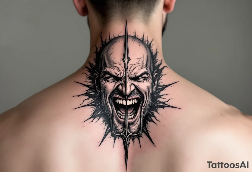 laughing man face behind trident tattoo idea