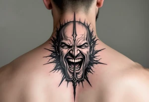 laughing man face behind trident tattoo idea