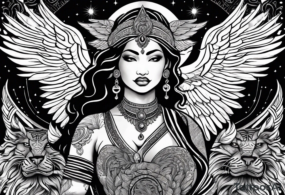 black kali, goddess pirate, alien, angel, pachamama, valkrye, warrior, flying, skull, lotus azul, wing, eagle, zenza resonance, stars, 5D, anahata chakra, death, durga, riding on a tiger, flying lady, kundalini, chest tatoo, rebel tattoo idea