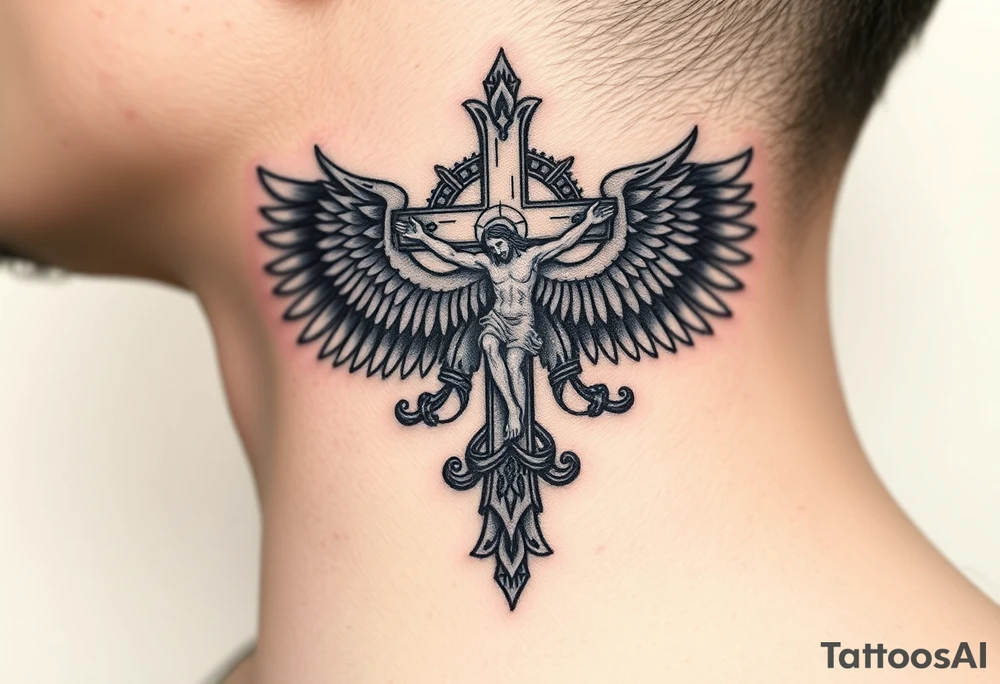 Traditional orthodox ICXC Christian cross with Jesus Christ on the cross also with the foot rest part of the cross in a Russian double headed eagle Kremlin setting tattoo idea