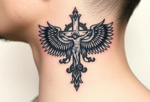 Traditional orthodox ICXC Christian cross with Jesus Christ on the cross also with the foot rest part of the cross in a Russian double headed eagle Kremlin setting tattoo idea