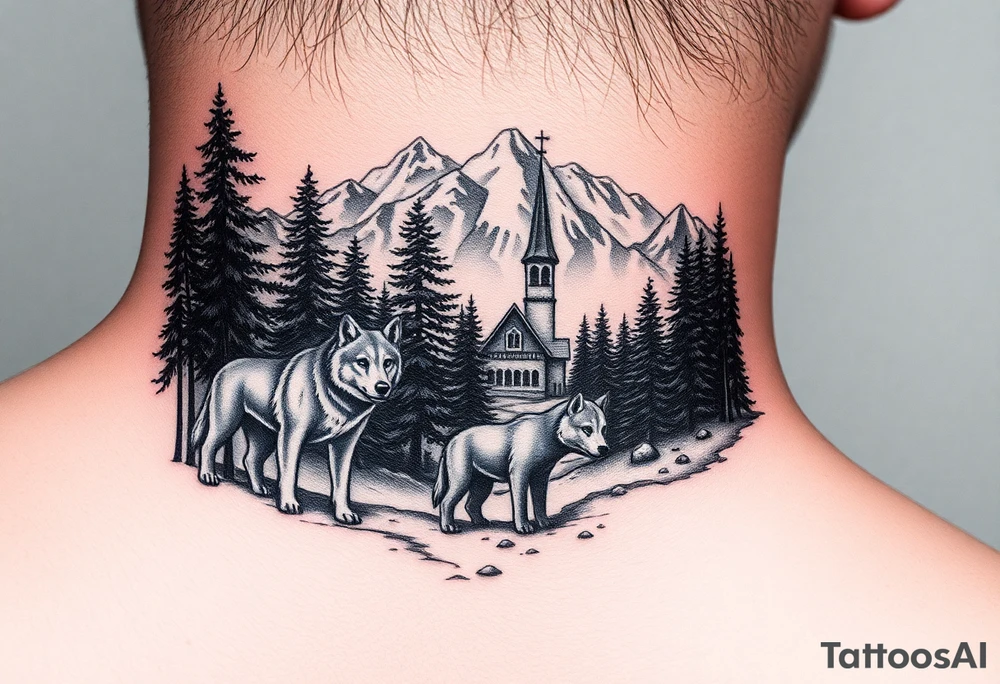 Nature/Landscape

Wolves in a pine forest (extending the tree line you already have)
A Russian bear emerging from the treeline
Snow-capped mountains behind the church scene tattoo idea