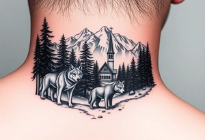 Nature/Landscape

Wolves in a pine forest (extending the tree line you already have)
A Russian bear emerging from the treeline
Snow-capped mountains behind the church scene tattoo idea