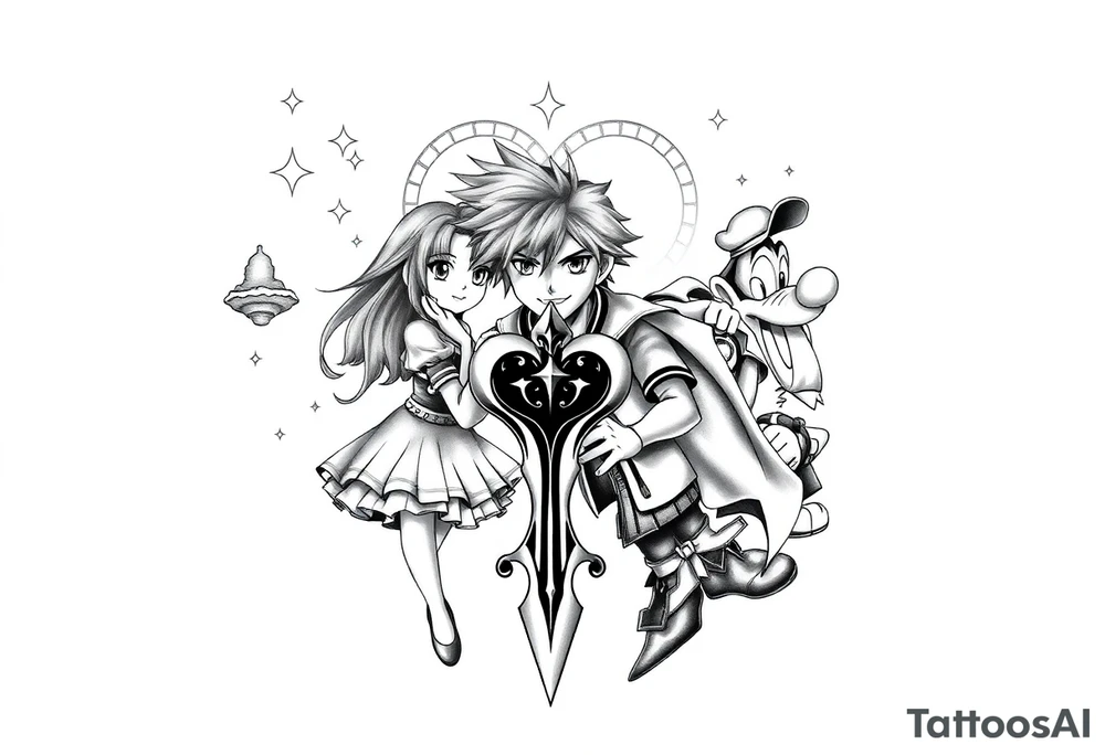 Kingdom Hearts tattoo design featuring sora, kairi, riku, donald and goofy from the game, together in a dynamic, united pose. The centerpiece should include the Heartless Keyblade, with a beautiful and ethereal Kingdom Hearts-inspired background—think glowing stars, floating islands, and stained-glass elements in backroung. The design should capture themes of friendship, light vs. darkness, and adventure. Style should be detailed, fantasy-oriented, and suitable for a large piece tattoo idea