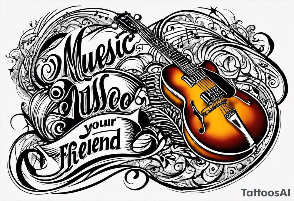 Convex black lettering, "Music is your only friend" tattoo idea