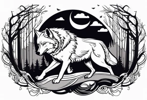 A powerful Wolf ist carrying a crow in His back
Background Woods tattoo idea