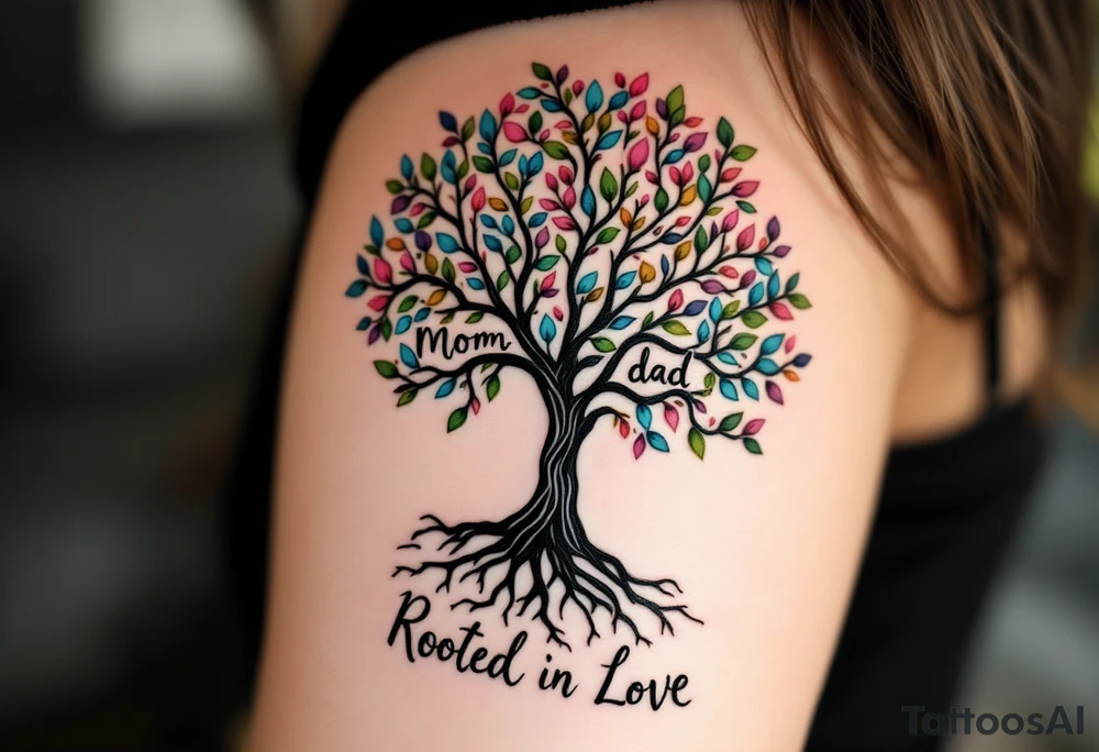 A black ink tree with leaves written with "mom" "dad" in shades of green, pink, and blue, with “Rooted in Love” at the base. tattoo idea