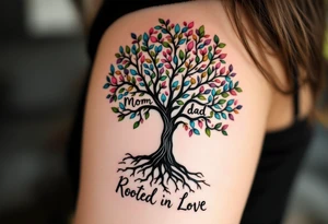A black ink tree with leaves written with "mom" "dad" in shades of green, pink, and blue, with “Rooted in Love” at the base. tattoo idea