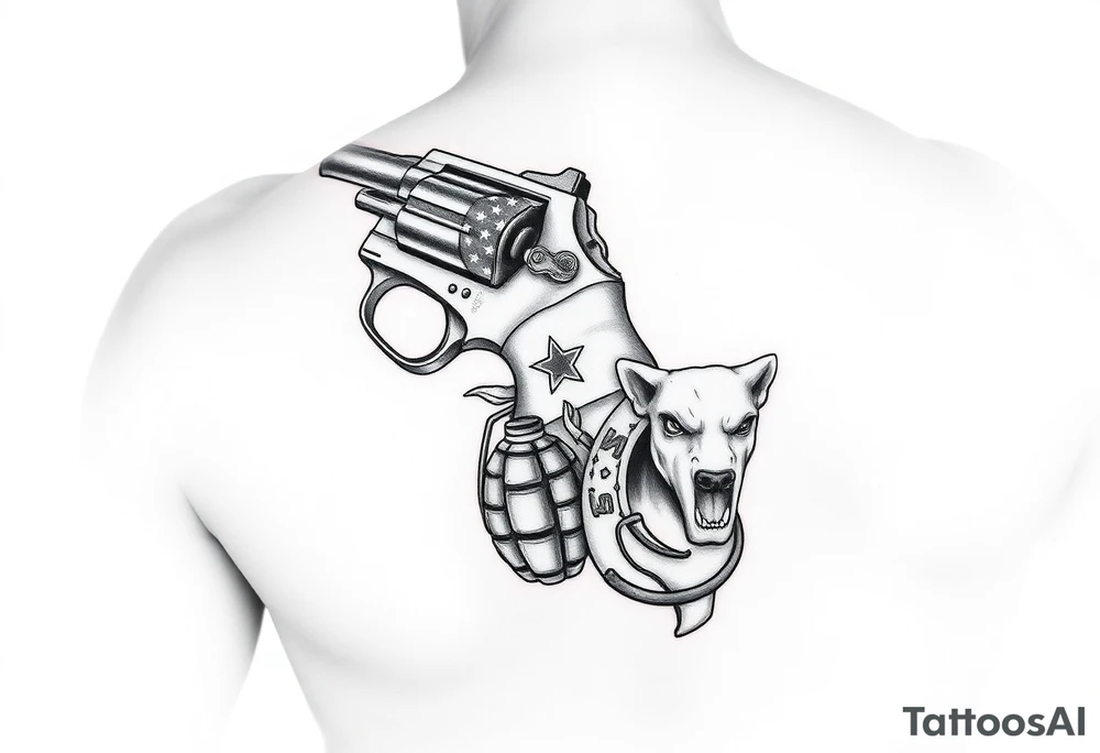 Revolver, American flag, state of florida, grenade, horseshoe, bulldog and blended into a half forearm sleeve tattoo idea