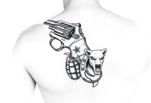 Revolver, American flag, state of florida, grenade, horseshoe, bulldog and blended into a half forearm sleeve tattoo idea