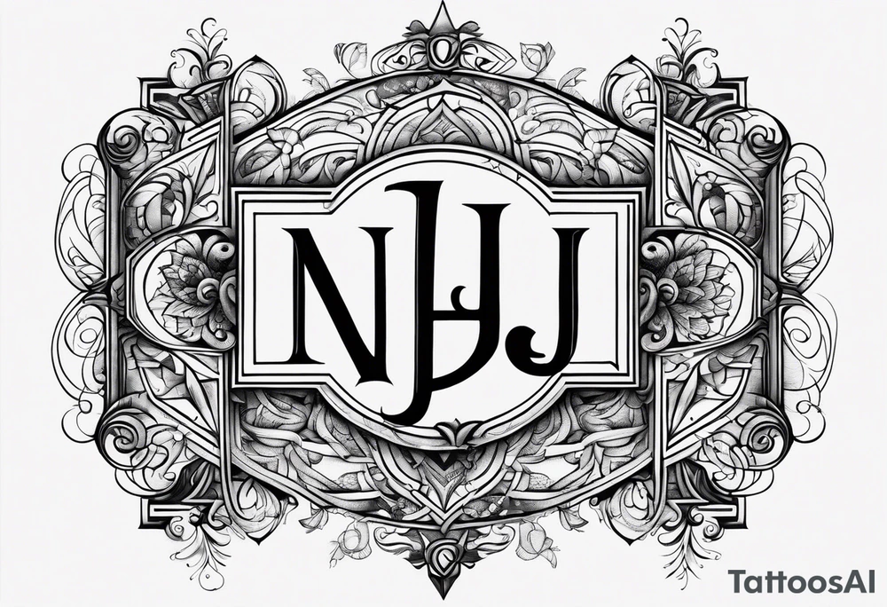 The initials N.A.J.E. in edwardian script surrounded by symmetrical smoke and intricate design tattoo idea