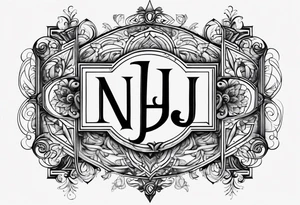 The initials N.A.J.E. in edwardian script surrounded by symmetrical smoke and intricate design tattoo idea