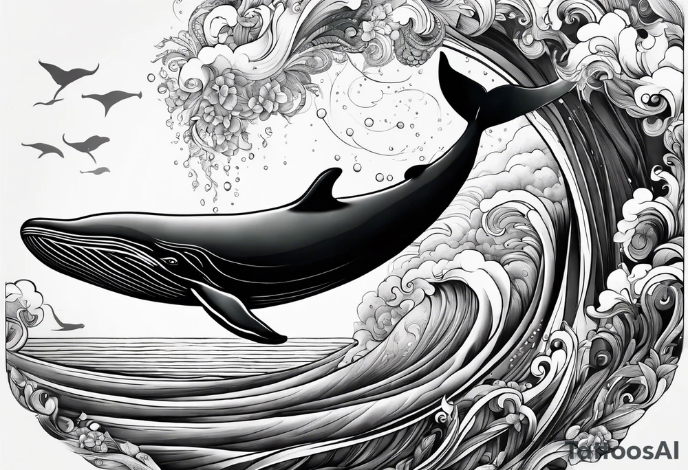 Whale ascending towards light, surrounded by swirling water tattoo idea