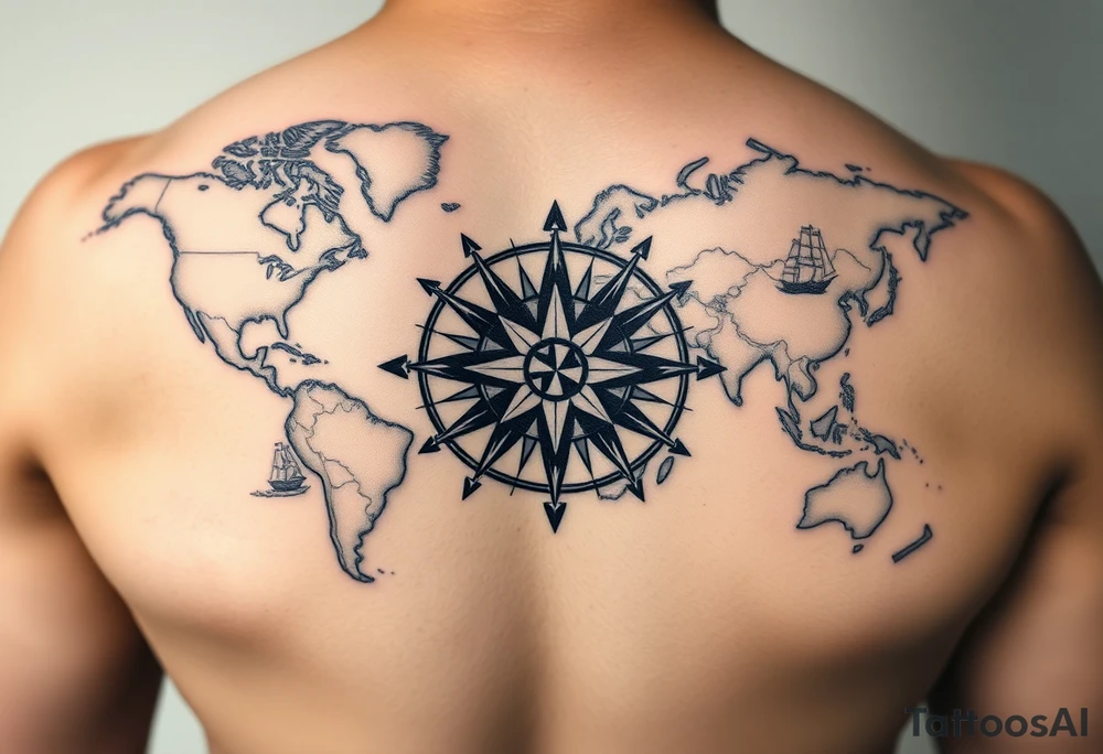 antique compass rose overlaid on weathered world map with sailing ships tattoo idea
