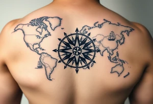 antique compass rose overlaid on weathered world map with sailing ships tattoo idea